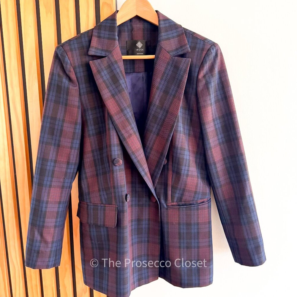 Mode Wool Plaid Blazer Women’s Double Breasted Tailored Jacket Blue and Plum (M)
